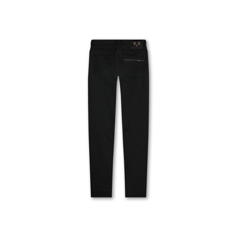The back of Saint Ape’s Bonobo Tapered Black Jeans made with the finest Candiani denim hang in front of a plain white background