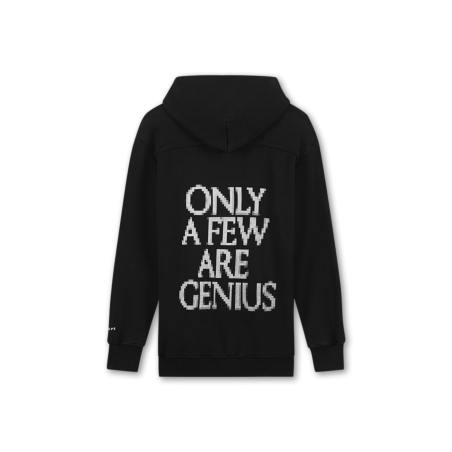 The back of Saint Ape's Pixel Ape Hoody 01 Black sweatshirt with a large pixelated “only a few are genius” print hangs in front of a plain white background