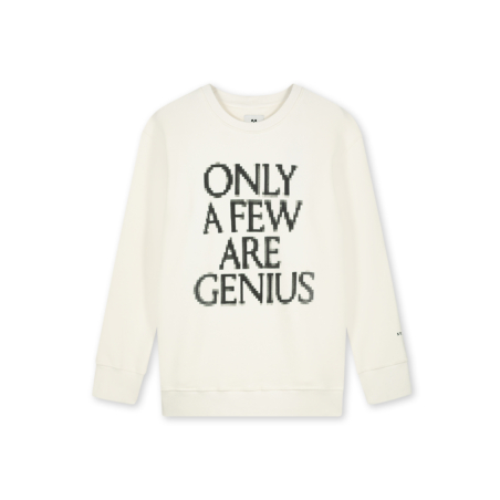The front of Saint Ape's Pixel Ape Crew 01 Off White sweatshirt with a large pixelated “only a few are genius” print on a plain white background