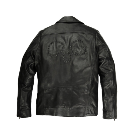 The back of Saint Ape's Hidden Ape 01 Black Leather Jacket hangs in front of a white background 