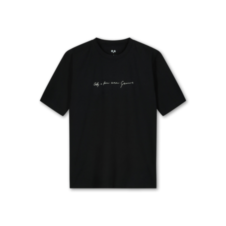 The front of Saint Ape’s Handwritten Ape Black t-shirt signed only a few are genius hangs in front of a white background 