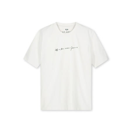 The front of Saint Ape’s Handwritten Ape White t-shirt signed only a few are genius, hangs in front of a white background 