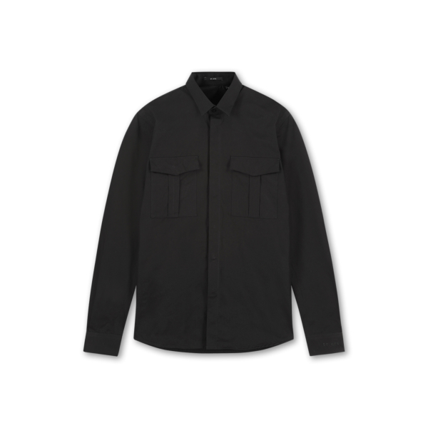 The front of Saint Ape’s Men’s Utility Black Ape Shirt made with heavy, rich poplin cotton fabric hangs in front of a plain white background