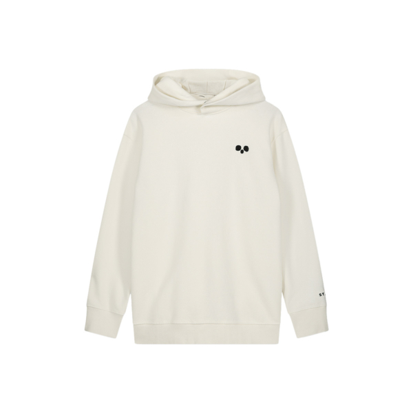 The front of Saint Ape's Sweaty Ape 02 Off White Sweatshirt made with 100% felpa cotton hangs in front of a plain white background