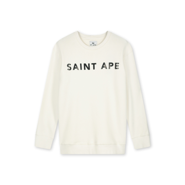 The front of Saint Ape's Crew Ape 01 Off White sweatshirt with high density print on a plain white background