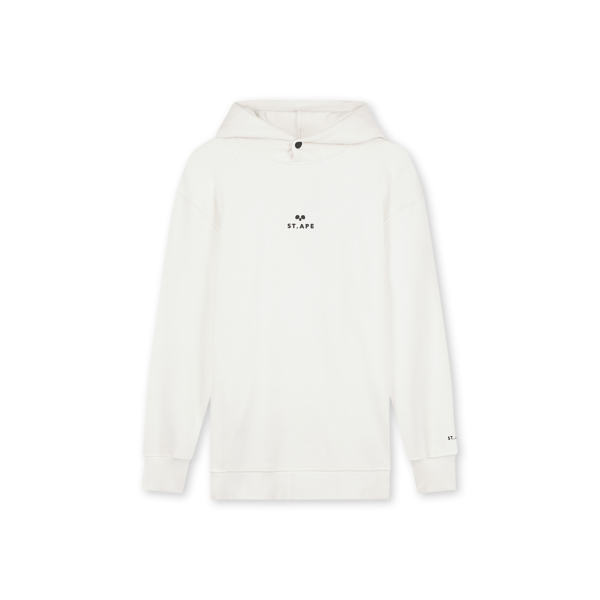 The back of Saint Ape's Pixel Ape Hoody Off White, pixelated "only a few are genius" print sweater on a plain white background