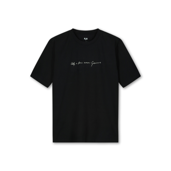 The front of Saint Ape’s Handwritten Ape Black t-shirt signed only a few are genius hangs in front of a white background 