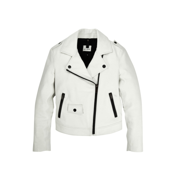 The front of Saint Ape's Perfectious Ape 01 White leather jacket hangs in front of a white background 
