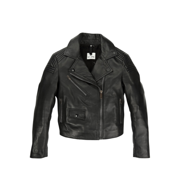 The front of Saint Ape's Glamorous Ape 01 black leather jacket hangs in front of a white background 