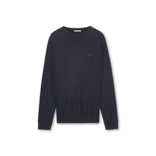 The front of Saint Ape’s Crew Ape Knit Cashmere Mix Navy crafted with cashmere and wool hangs in front of a plain white background