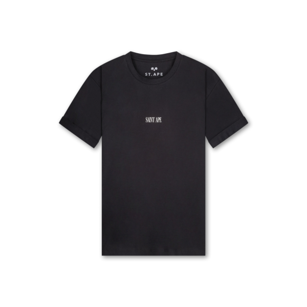 The front of Saint Ape's Modest Ape 01 Comfy black heavy cotton t-shirt on a plain white background
